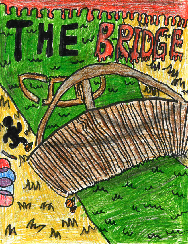 Cover art for the story "The Bridge," featuring a drawing of a wooden bridge spanning a green river, with the text "The Bridge" illustrated at the top.