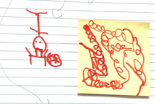 Illustration by the story's author, a small child. Drawing is in red marker. It is not certain what is depicted.